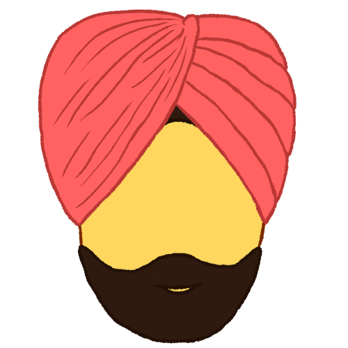  a person with a black beard wearing a light pink turban.